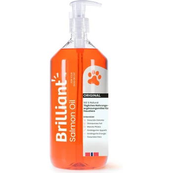 Brilliant Lachsöl-Flasche mit Pumpverschluss, orangefarbene Flüssigkeit, Etikett mit Pfotenabdruck, für Hunde und Katzen, unterstützt Gelenke, Fell, Pfoten, Appetit.