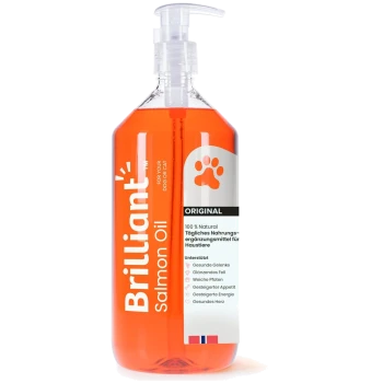Brilliant Lachsöl-Flasche mit Pumpverschluss, orangefarbene Flüssigkeit, Etikett mit Pfotenabdruck, für Hunde und Katzen, unterstützt Gelenke, Fell, Pfoten, Appetit.