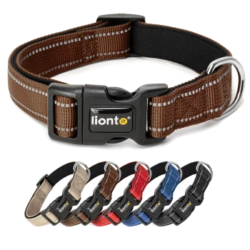 Brauner Haustierhalsband mit reflektierenden Streifen, mit einer schwarzen Schnalle und einem silbernen D-Ring, beschriftet mit dem "lionto"-Logo.