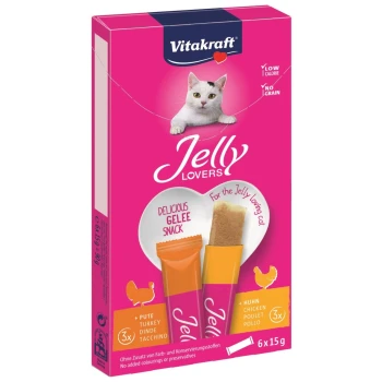 Jelly Lovers Huhn & Pute 66x15g Vitakraft Jelly Lovers Katzenleckerlis Verpackung mit einer verspielten Katze und dem Text: "Leckeres Gelee Snack" in den Geschmacksrichtungen Truthahn und Huhn.