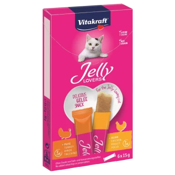 Vitakraft Jelly Lovers Katzenleckerlis Verpackung mit einer verspielten Katze und dem Text: "Leckeres Gelee Snack" in den Geschmacksrichtungen Truthahn und Huhn.
