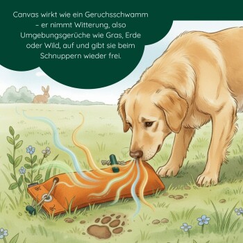 Warnschild mit einem Hund, der ein oranges Spielzeug kaut, roten X-Markierungen und Text "HINWEIS" und "KEIN KAU-, BEIß- ODER ZERRSPIELZEUG" und "DON'T".