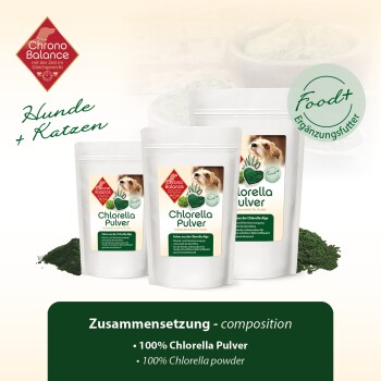 Chlorella-Pulver für Haustiere von ChronoBalance, in drei grün beschrifteten Verpackungen mit Nährwertinformationen.