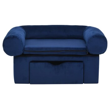 Blaues Haustiersofa mit abgerundeten Armen und einem Stauraum darunter. Weicher Stoff und gemütliches Design für Haustiere.