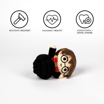 Plush Harry Potter toy lying next to a black knotted rope, with icons and text: Resistant, Healthy, Dental Hygiene.