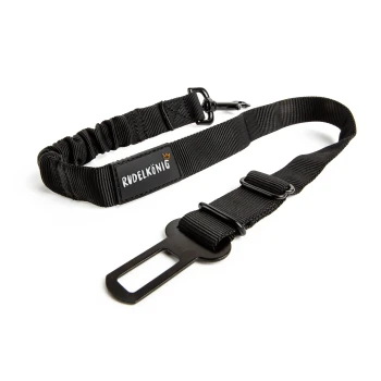 Schwarze verstellbare Hundeleine mit gepolstertem Griff und Clip, mit dem Markennamen "Rudel König" auf einem Etikett.