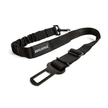 Schwarze verstellbare Hundeleine mit gepolstertem Griff und Clip, mit dem Markennamen "Rudel König" auf einem Etikett.