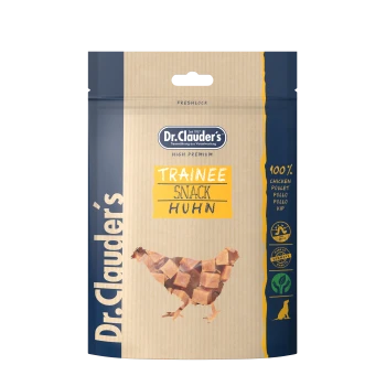 Un paquet de friandises pour animaux de Dr. Clauder, avec un design de poulet fait de cubes de friandises, étiqueté "100% Poulet" et "Huhn."