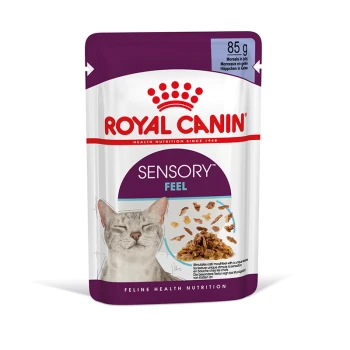 Royal Canin Sensory Feel kattenvoer zakje, 85g, met een afbeelding van een blije kat en beschrijvingen van textuur en smaak.