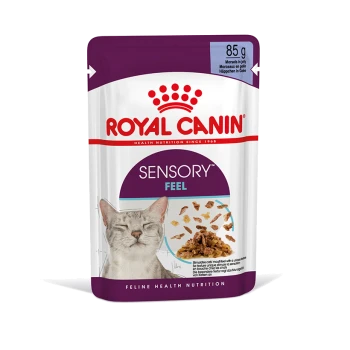 Royal Canin Sensory Feel kattenvoer zakje, 85g, met een afbeelding van een blije kat en beschrijvingen van textuur en smaak.