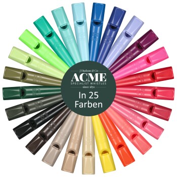 Hand hält eine blaue 80mm ACME-Hundepfeife mit Schlüsselring, Lanyard-Clip und Bedienungsanleitung in Deutsch und Englisch.