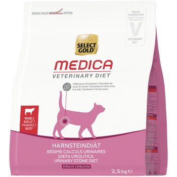 Select Gold MEDICA Veterinary Diet Katzenfutter, Harnsteindiät (Urinary Stone Diet), Rind, 2,5 kg, pinke Katzensilhouette.