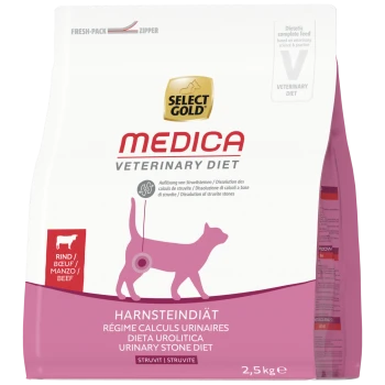 Select Gold MEDICA Veterinary Diet Katzenfutter, Harnsteindiät (Urinary Stone Diet), Rind, 2,5 kg, pinke Katzensilhouette.