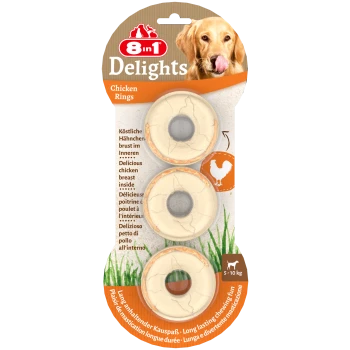 Opakowanie dla 8in1 Delights Chicken Rings, z trzema żującymi pierścieniami z kurczakiem w środku, odpowiednie dla psów 5-10 kg.