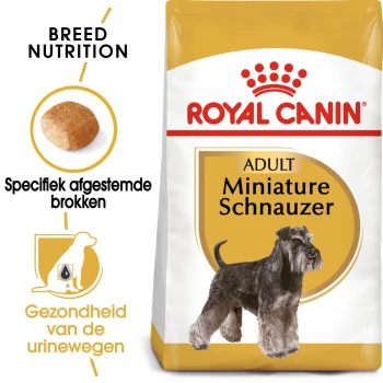 Royal Canin Adult Miniature Schnauzer hondenvoer zak met een schnauzer illustratie, met tekst die de voeding en urinegezondheid van het ras benadrukt.