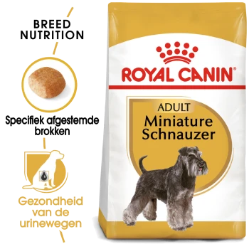 Royal Canin Adult Miniature Schnauzer hondenvoer zak met een schnauzer illustratie, met tekst die de voeding en urinegezondheid van het ras benadrukt.