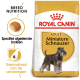Royal Canin Adult Miniature Schnauzer hondenvoer zak met een schnauzer illustratie, met tekst die de voeding en urinegezondheid van het ras benadrukt.