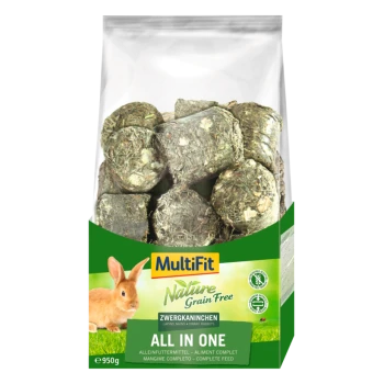 MultiFit Nature Grain Free Haustierfutter für Zwerghasen, mit grünen, komprimierten Futterblöcken in einer klaren Tüte mit einem Hasen-Graphic.
