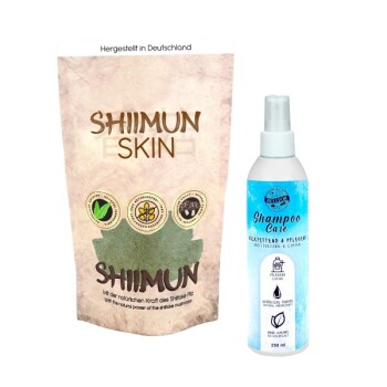 Sparset gegen Schuppen beim Hund mit Shiimun Skin 50g und Hundeshampoo Care 250ml