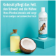 Kokosnussöl-Shampoo für Pferde, "GREEN HERO," mit einer Flasche und einer halbierten Kokosnuss auf Türkis. Text: "Kokosnussöl nährt das Fell Ihres Pferdes."