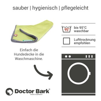 Grüne und graue Haustierdecke von Doctor Bark, beschriftet mit "Made in Germany", mit Eigenschaften wie waschbar bis 95°C und allergenfreundlich.
