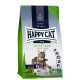 Sac de nourriture pour chats Happy Cat Adult présentant un chat tigré, étiqueté "Weide Lamm" (Agneau de Ferme), adapté aux chats de 1 an et plus, recette sans gluten.