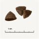 Trois morceaux triangulaires de nourriture pour animaux de compagnie marron foncé sur un fond clair, avec une règle indiquant une échelle de 1 cm en dessous.