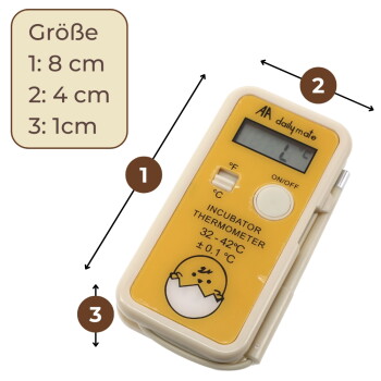 Gelbes AA Dailymate Brutthermometer mit LCD, Ein/Aus- und °F/°C-Schalter, Küken-Symbol; beschriftet 'Incubator Thermometer 32–42°C ±0.1°C' und Größenfeld 'Größe 1:8cm 2:4cm 3:1cm'