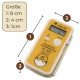Gelbes AA Dailymate Brutthermometer mit LCD, Ein/Aus- und °F/°C-Schalter, Küken-Symbol; beschriftet 'Incubator Thermometer 32–42°C ±0.1°C' und Größenfeld 'Größe 1:8cm 2:4cm 3:1cm'
