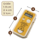 Gelbes AA Dailymate Brutthermometer mit LCD, Ein/Aus- und °F/°C-Schalter, Küken-Symbol; beschriftet 'Incubator Thermometer 32–42°C ±0.1°C' und Größenfeld 'Größe 1:8cm 2:4cm 3:1cm'