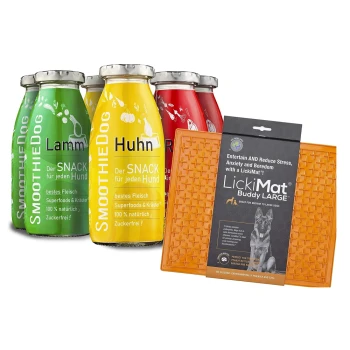 Klassik 6x 250 ml + Lickimat Orange Vier bunte Smoothie-Flaschen mit den Aufschriften "Lamm," "Huhn," und "Rind" neben einem orangefarbenen LickiMat Buddy LARGE, die Haustiersnacks bewerben.