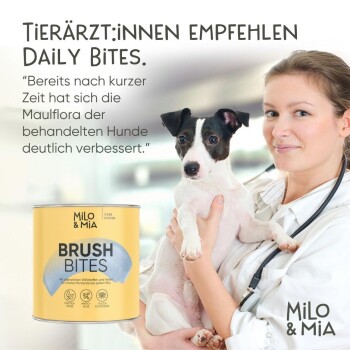 Ein Tierarzt hält einen kleinen Hund, während er "Milo & Mia Daily Bites Dental Care" bewirbt, mit Fokus auf frischem Atem und verbesserter Mundgesundheit.