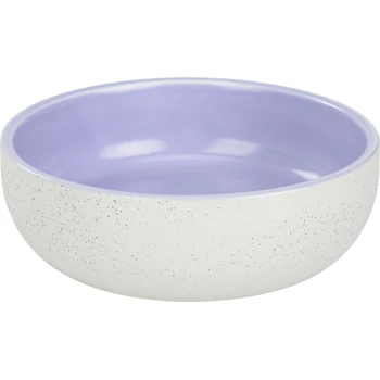 Bol pour animal de compagnie en céramique avec un intérieur lavande et un extérieur blanc moucheté, mettant en valeur une finition lisse et brillante.