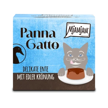 Niebieskie opakowanie karmy dla kotów MJAMJAM 'Panna Gatto' z szarym kotem i talerzem pasztetu; napis 'Delikate Ente Mit Edler Krönung'.