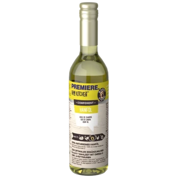 Flasche mit Hanföl, beschriftet "Premiere Raw Kitchen" mit Text in Deutsch und Englisch, der es als natürliches Ergänzungsmittel für Haustiere hervorhebt.
