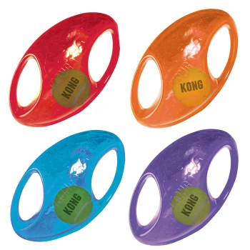 Jumbler Football M-L Vier bunte KONG-Hundespielzeuge in Rot, Orange, Blau und Lila, die jeweils ein Tennisball-Design mit dem KONG-Logo zeigen.