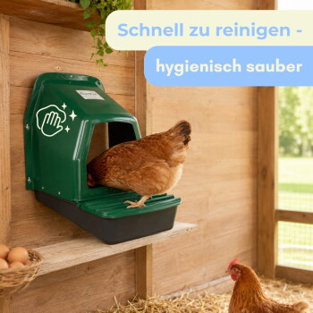 Grüne Hühnernestbox an einem Holzstall, Henne steigt ein, Eier im Korb; Text: 'Schnell zu reinigen - hygienisch sauber'.