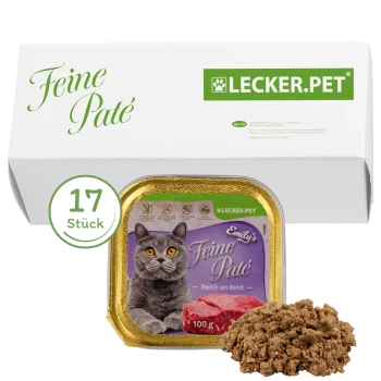 Katze Futterverpackung mit "Emily's Feine Paté" und einem Bild einer grauen Katze, 100g Portion und "17 Stück" Etikett.