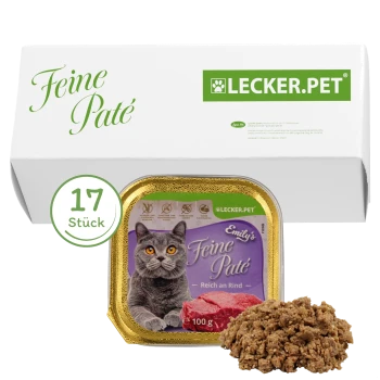 Katze Futterverpackung mit "Emily's Feine Paté" und einem Bild einer grauen Katze, 100g Portion und "17 Stück" Etikett.