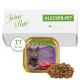 Katze Futterverpackung mit "Emily's Feine Paté" und einem Bild einer grauen Katze, 100g Portion und "17 Stück" Etikett.
