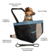 Ein kleiner Hund sitzt in einer schwarzen und beigen wasserdichten Tragetasche mit blauer Fleece-Innenseite und beschrifteten Funktionen für Aufbewahrung und Sicherheit.