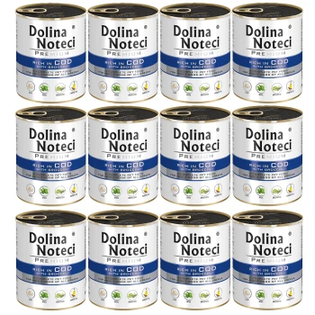 Premium Adult bogata w dorsza z brokułami puszka 12x800 g Dwanaście puszek karmy premium dla zwierząt Dolina Noteci, oznaczonych 'Bogate w dorsza z brokułami', przeznaczonej dla psów wszystkich ras.