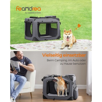 Tragbare und faltbare Haustiertrage, die 3,4 kg wiegt, wird gezeigt, während sie getragen wird. Der Text hebt die kompakte Größe von 8 cm im gefalteten Zustand für eine einfache Lagerung hervor.