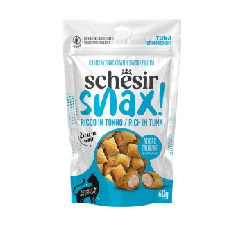 Bag of schesir snax! crunchy tuna-filled pet snacks, Ricco in Tonno / Rich in Tuna, Added Taurine & Vitamins, 60g