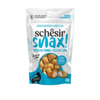 Bag of schesir snax! crunchy tuna-filled pet snacks, Ricco in Tonno / Rich in Tuna, Added Taurine & Vitamins, 60g
