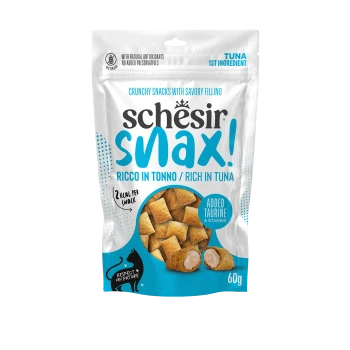 Bag of schesir snax! crunchy tuna-filled pet snacks, Ricco in Tonno / Rich in Tuna, Added Taurine & Vitamins, 60g