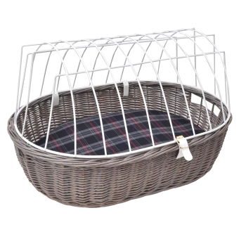 Lit pour animaux tissé avec un dessus de cage en métal blanc et un coussin à carreaux à l'intérieur, conçu pour les petits animaux.