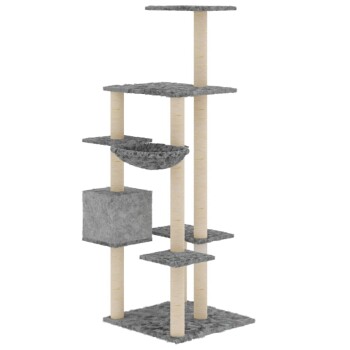 Mehrstöckiger Katzenbaum mit grauem Stoff und mit Sisal umwickelten Pfosten, mit verschiedenen Plattformen, einer hängenden Hängematte und einem würfelförmigen Versteck.