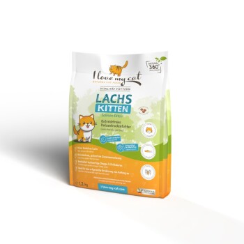 Tüte mit "Ich liebe mein katzenfreies, natürliches Katzenfutter", 1,2 kg, beschriftet mit "Lachs Kitten" und einer verspielten Katzenillustration.