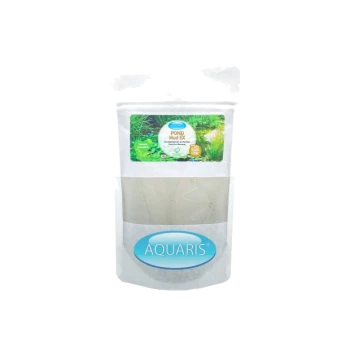 AQUARIS Teichschlamm Ex Verpackung, mit einem weißen wiederverschließbaren Beutel und einem grünen Etikett, das den Produktnamen und natürliche Inhaltsstoffe zeigt.